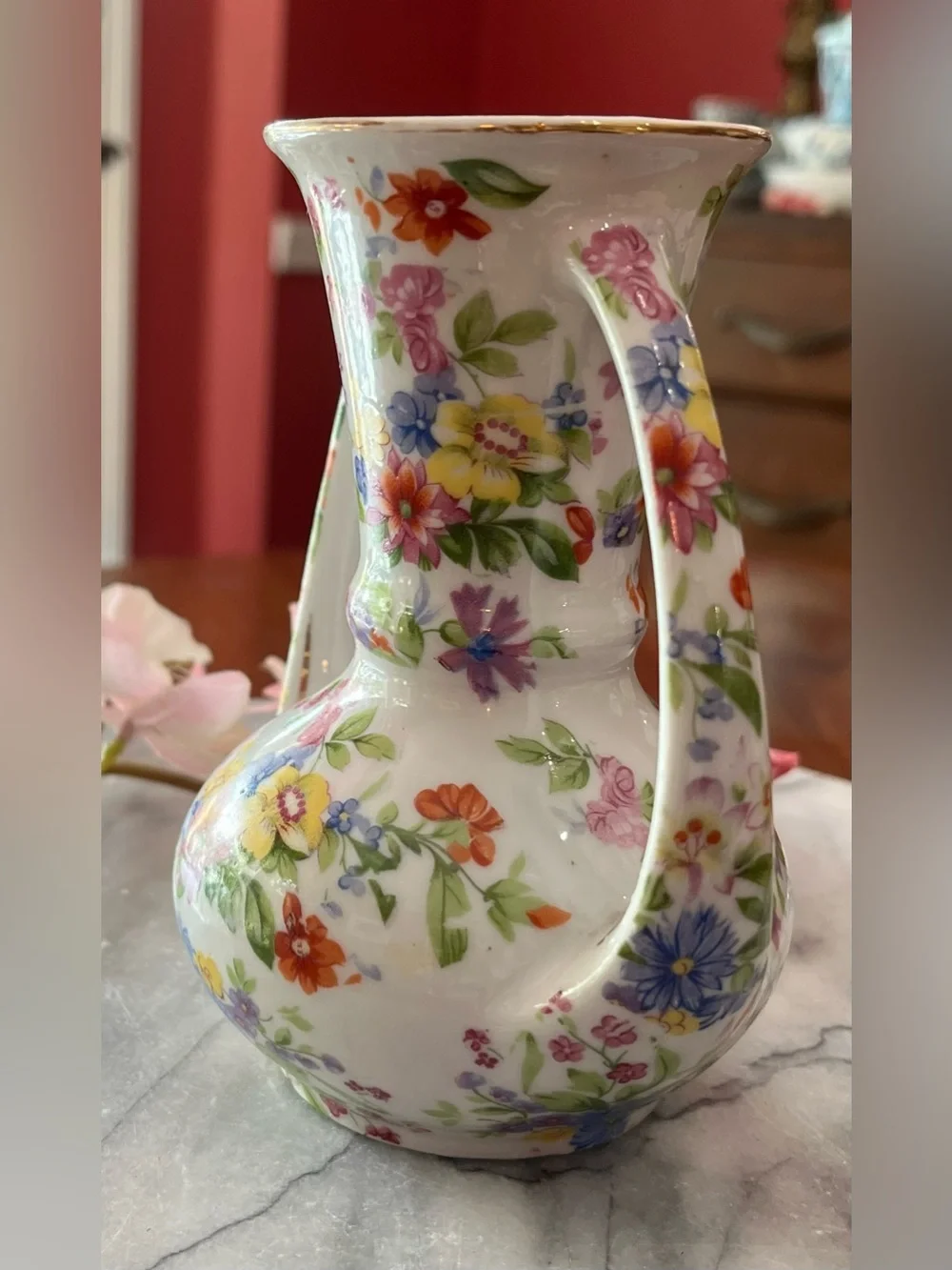 Vintage Gold Castle Japanese Chintz Floral Porcelain Vase Double Handle 5-1/8”